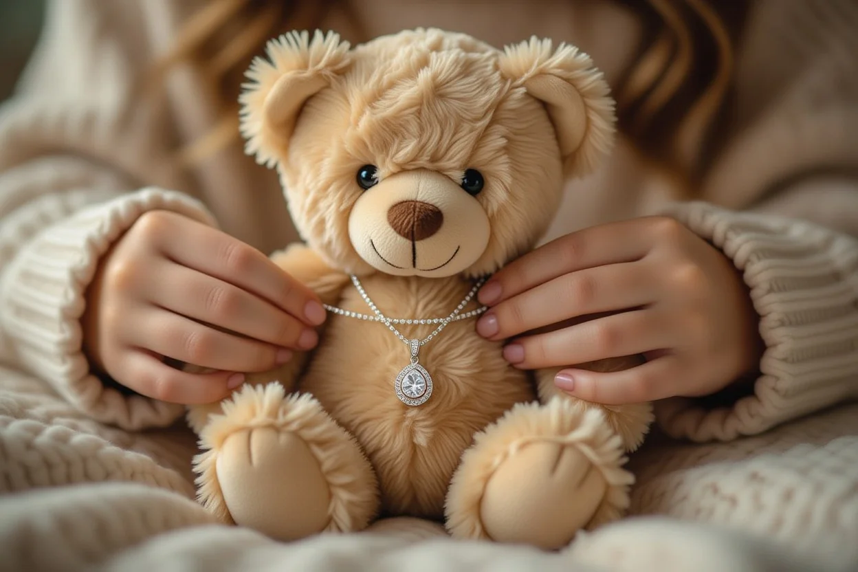 Unboxing hidden necklace from teddy bear - romantic gift reveal moment