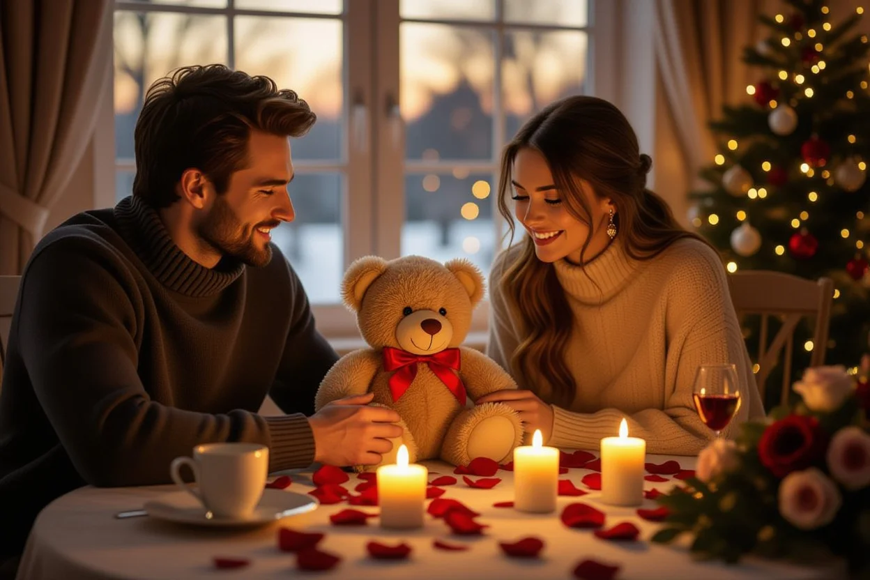 Romantic gift giving scene with teddy bear surprise - perfect anniversary or Valentine's Day gift