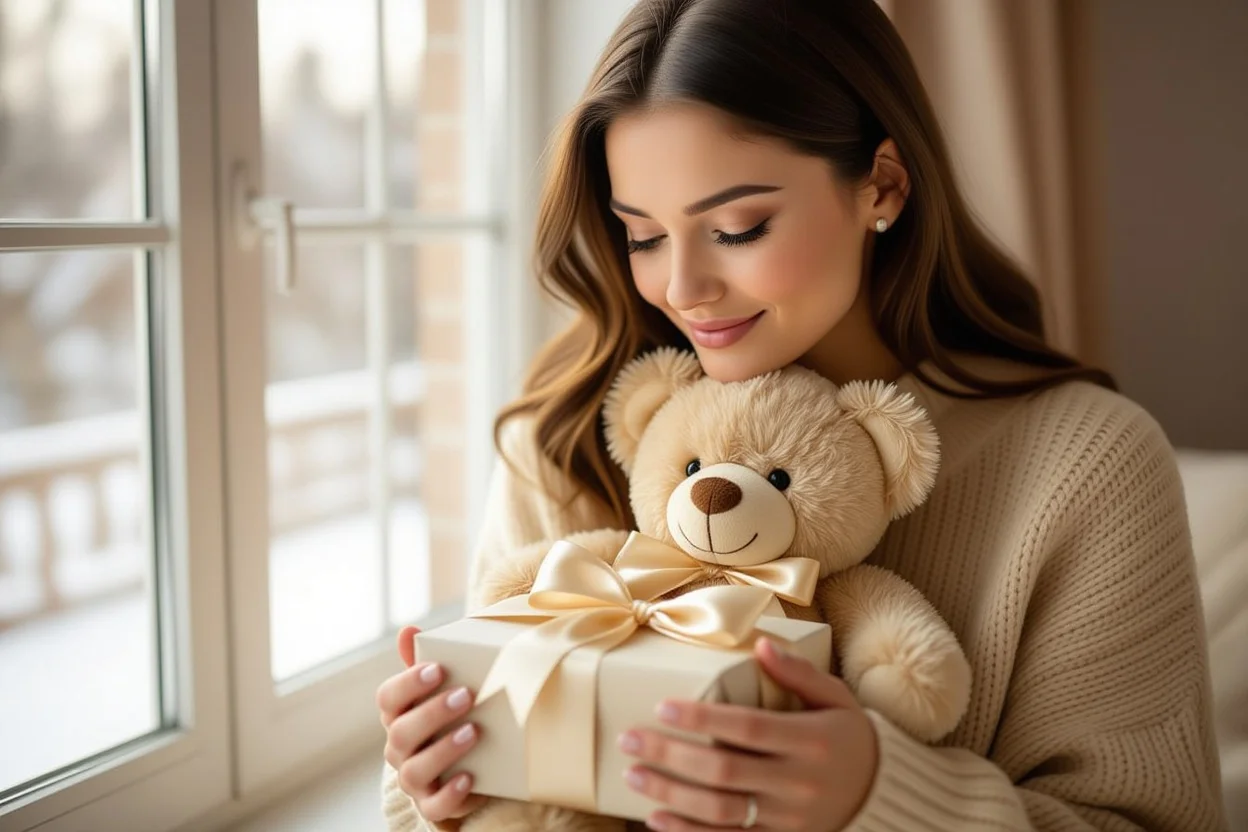 Woman receiving meaningful teddy bear gift showing genuine emotion and surprise