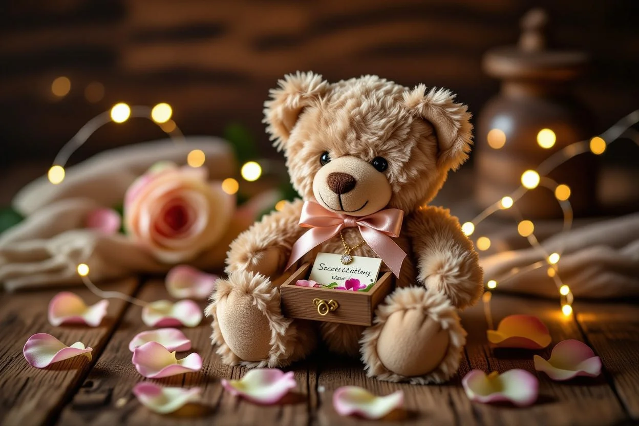 Teddy bear with hidden compartment revealing surprise romantic gift inside