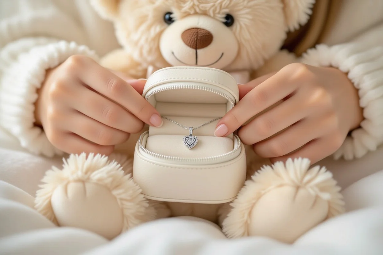 Hands opening teddy bear hidden compartment revealing surprise necklace gift for girlfriend