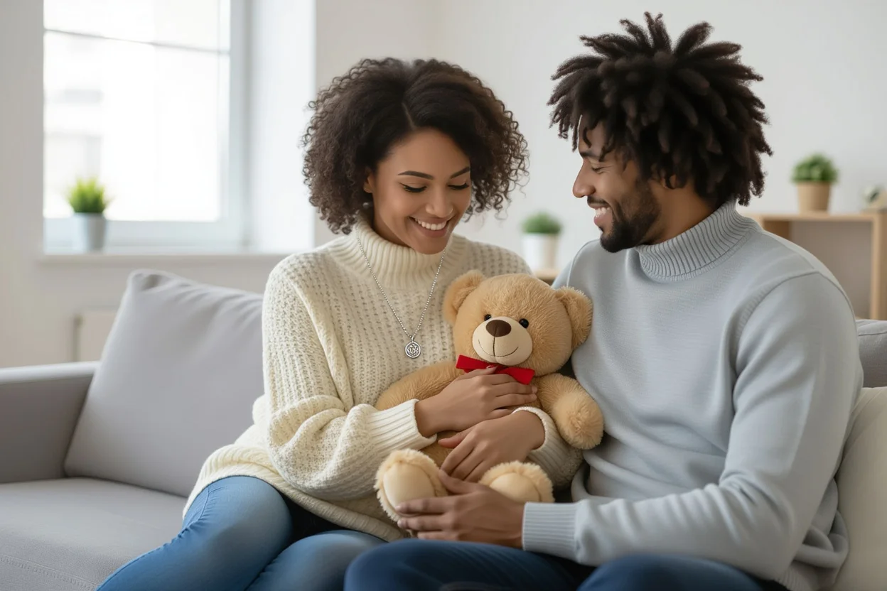 Couple enjoying surprise teddy bear necklace gift romantic everyday moment at home