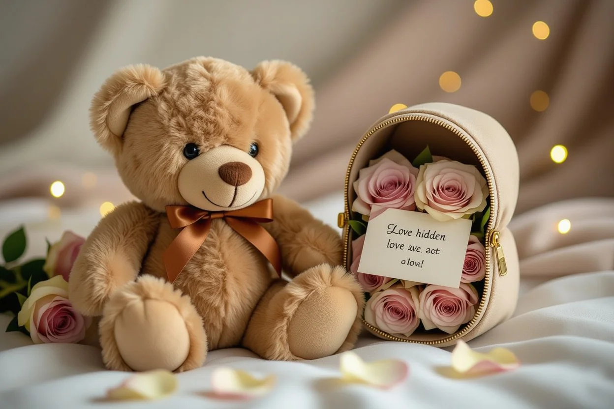 Teddy bear with hidden compartment containing preserved roses and love note - romantic surprise gift