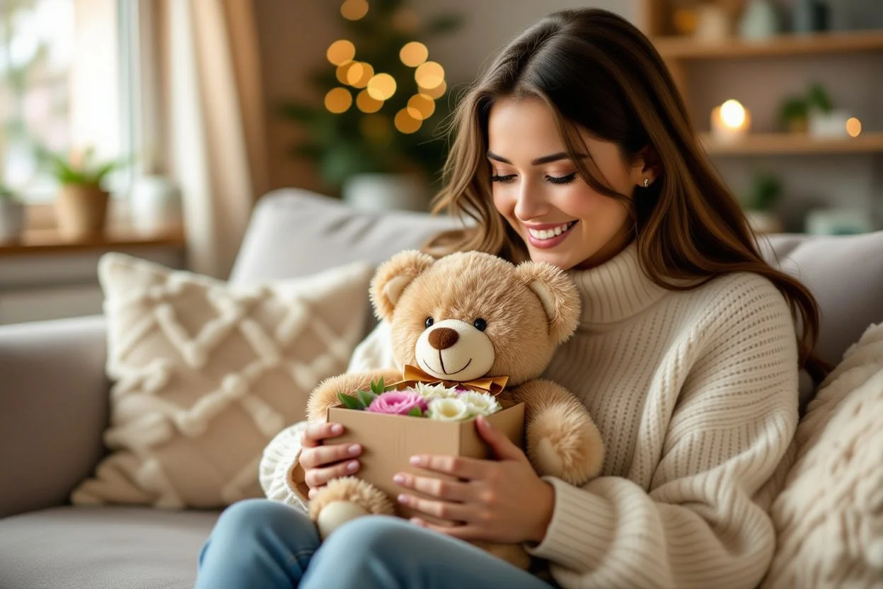 Woman discovering hidden surprises in teddy bear gift showing joy and emotional reaction