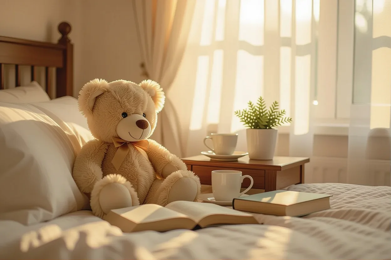 Teddy bear gift on nightstand in cozy bedroom setting representing daily comfort and joy