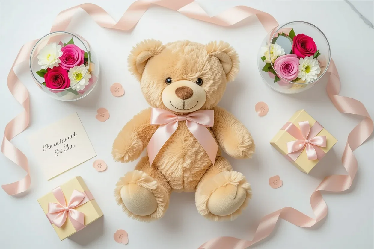 Luxury teddy bear gift set with preserved flowers and romantic accessories flat lay arrangement