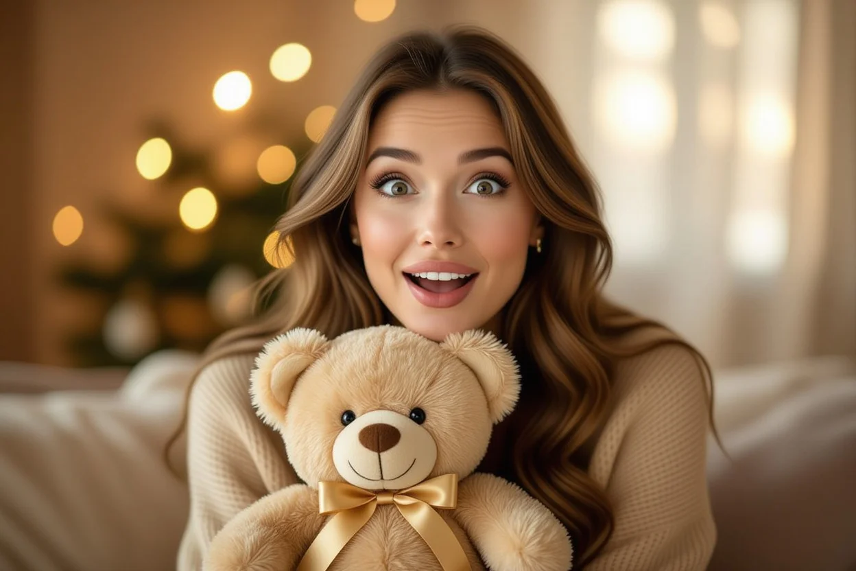 Woman gasping with surprise and joy while holding an elegant teddy bear gift
