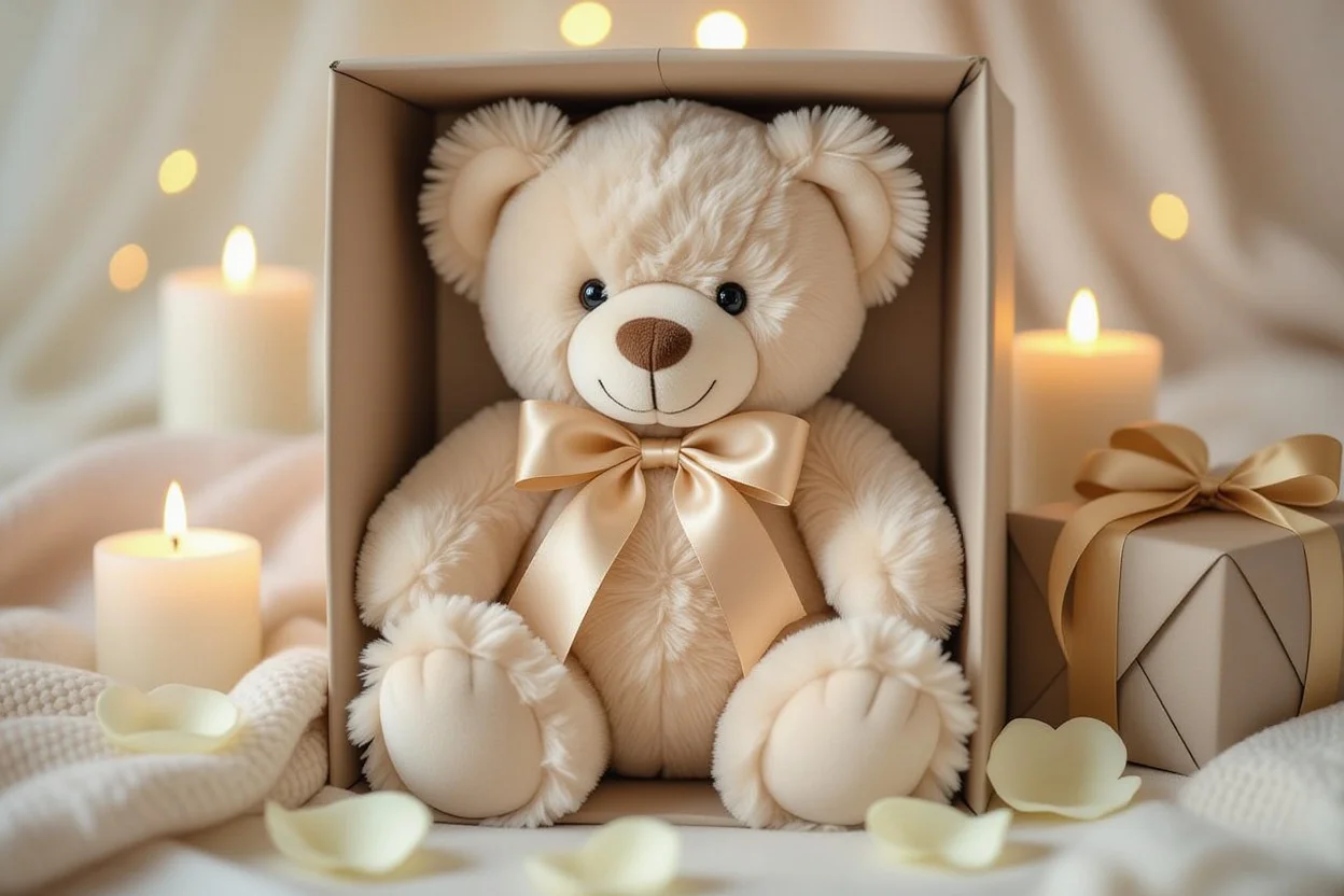 Luxury teddy bear gift with elegant presentation and romantic styling