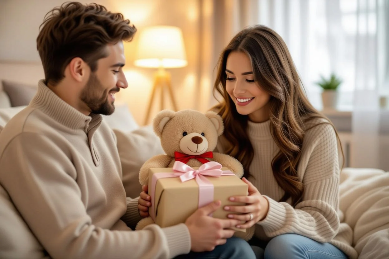 Romantic couple sharing an intimate gift-giving moment with surprise teddy bear present