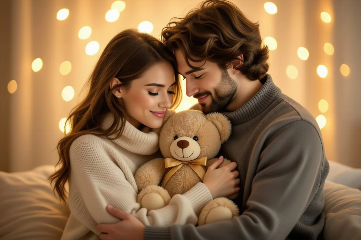 Loving couple embracing after surprise teddy bear gift exchange showing emotional connection