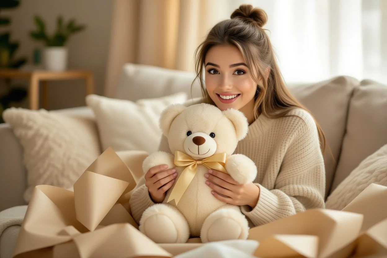Woman surprised by romantic teddy bear gift on ordinary day