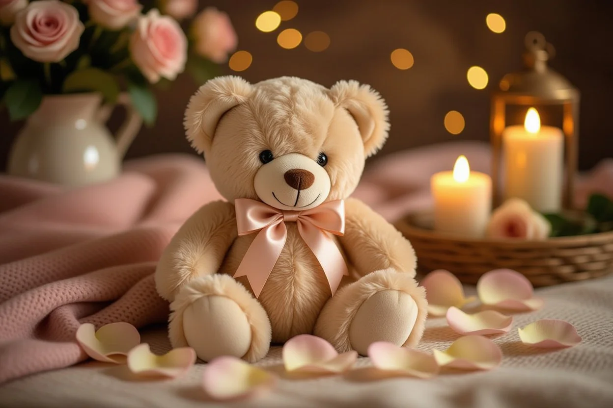 Elegant Mountova teddy bear romantic surprise gift with rose petals
