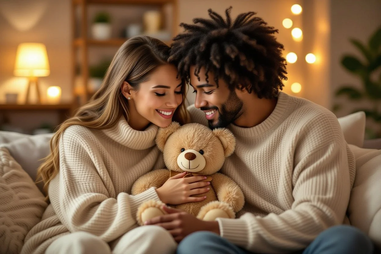 Happy couple enjoying romantic teddy bear gift moment together