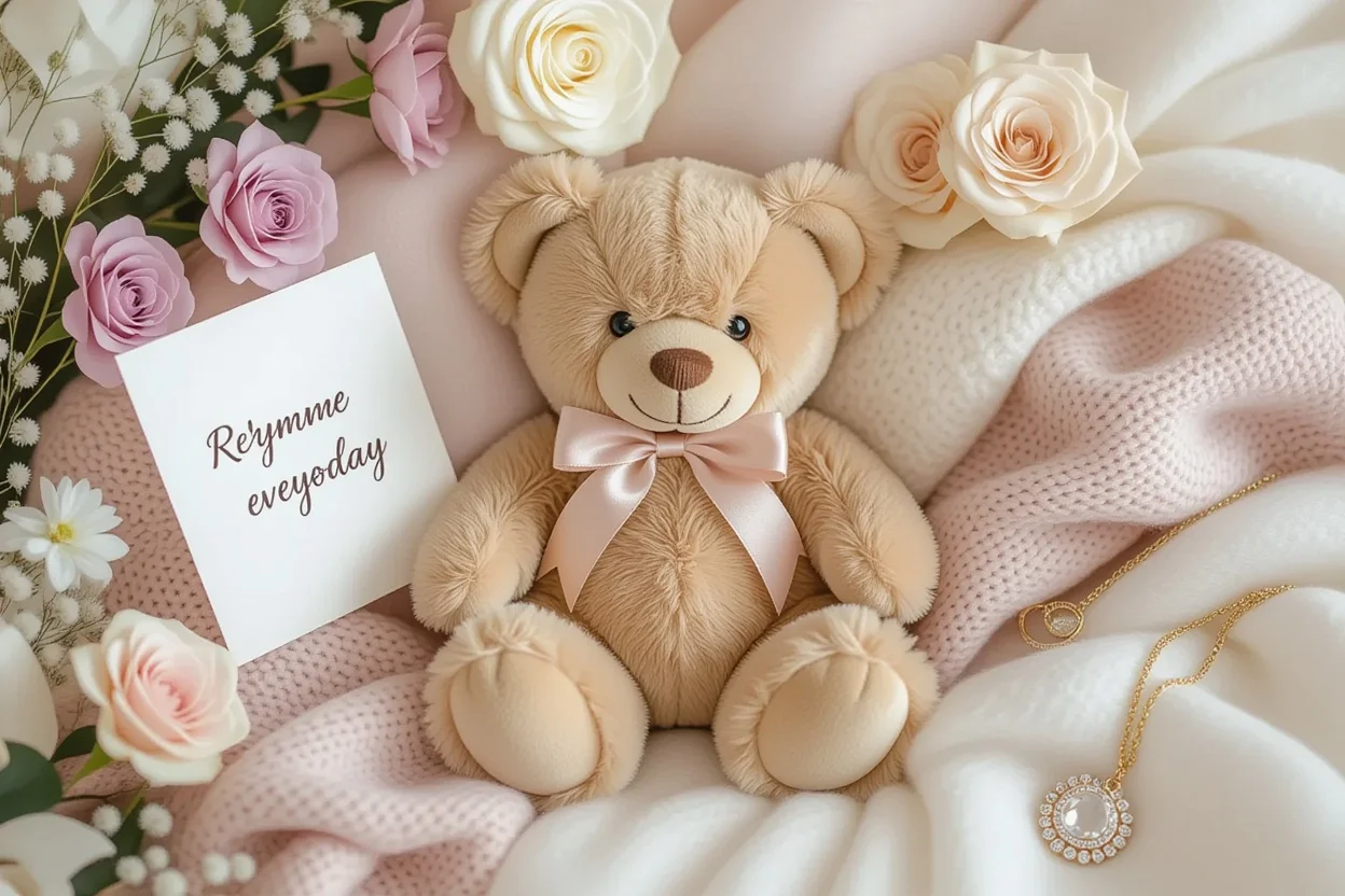 Romantic gift flat lay with teddy bear and preserved flowers for her