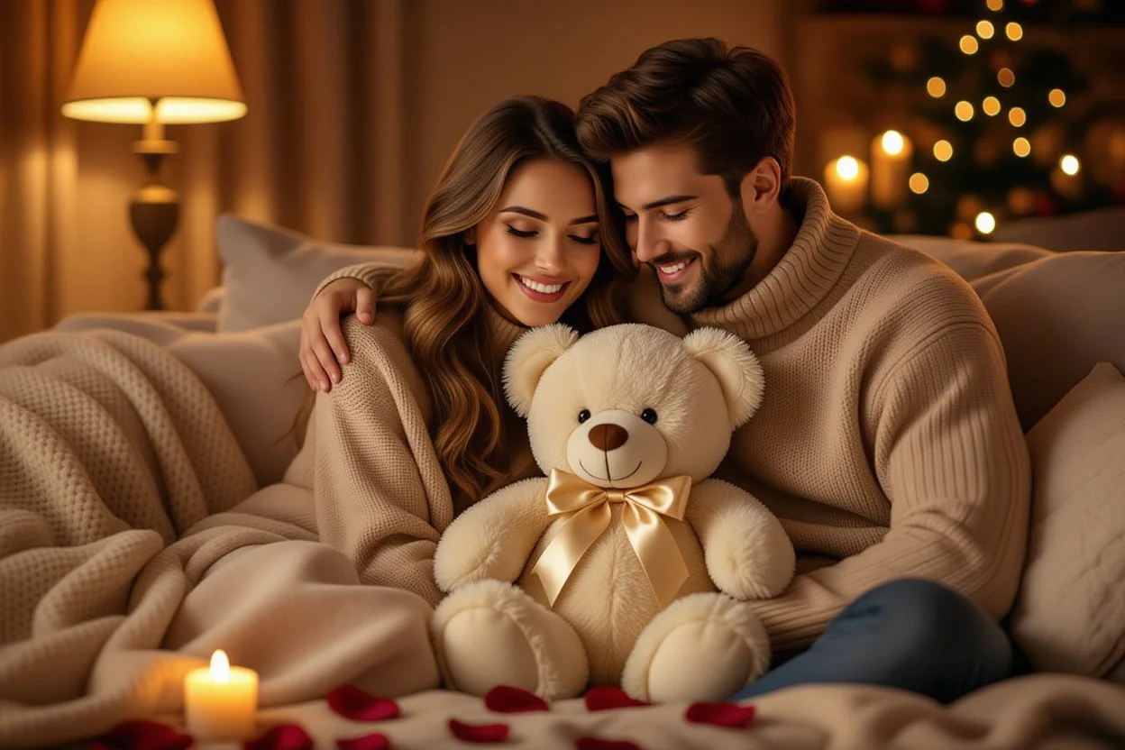 Romantic couple sharing intimate moment with luxury teddy bear gift in cozy living room setting