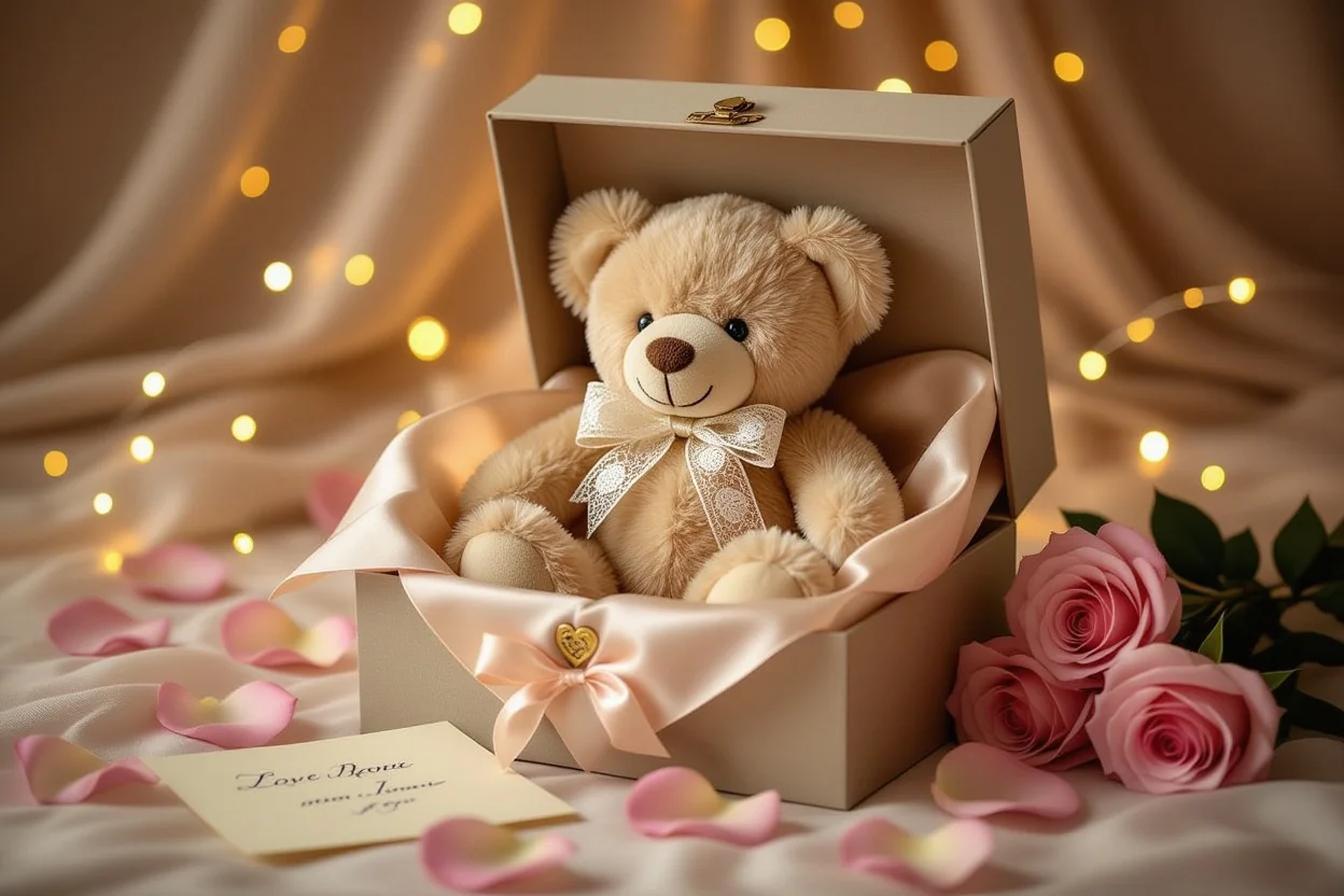 Luxury teddy bear romantic gift in elegant presentation box with rose petals and love note