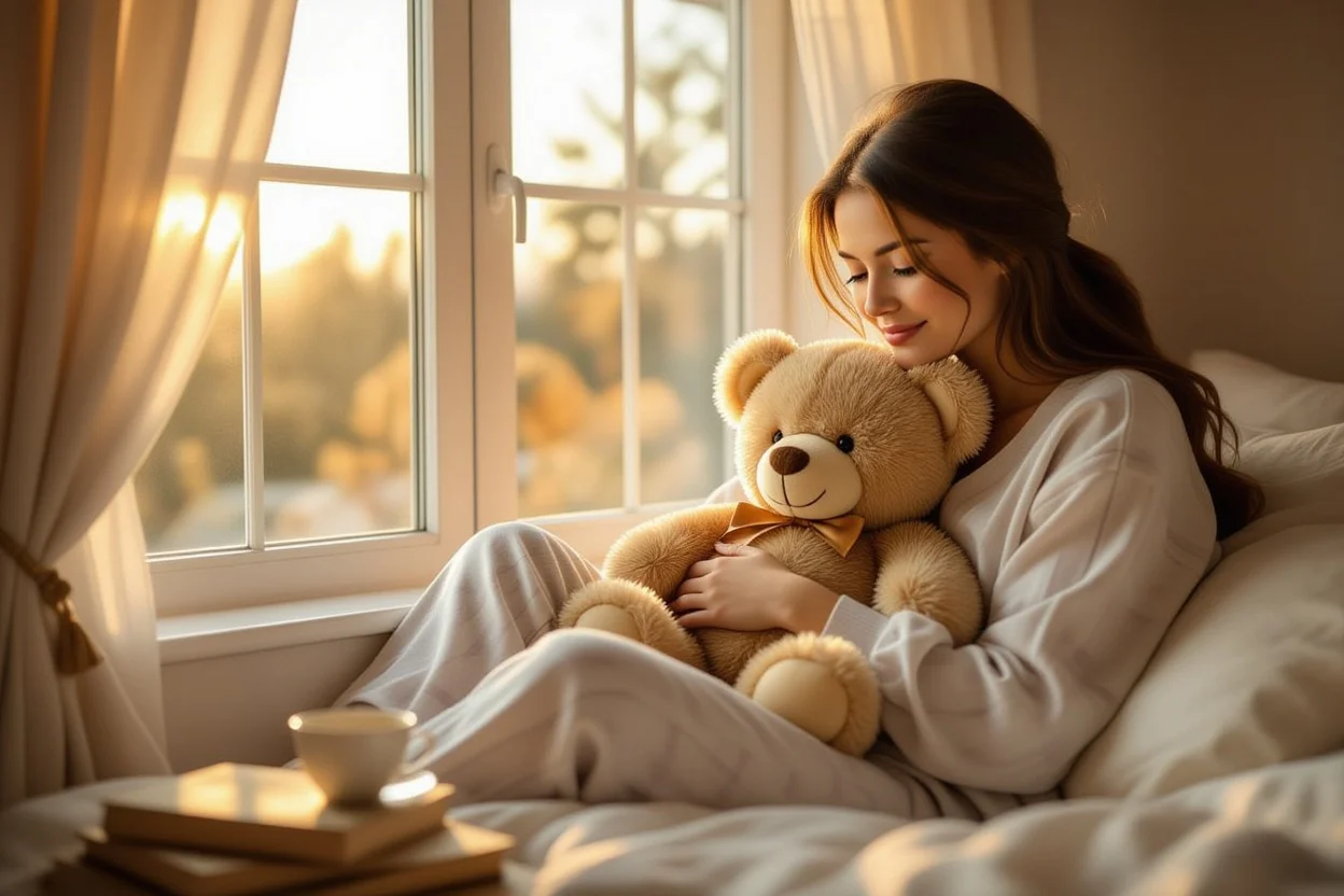Woman peacefully hugging romantic teddy bear gift in sunlit bedroom during golden hour