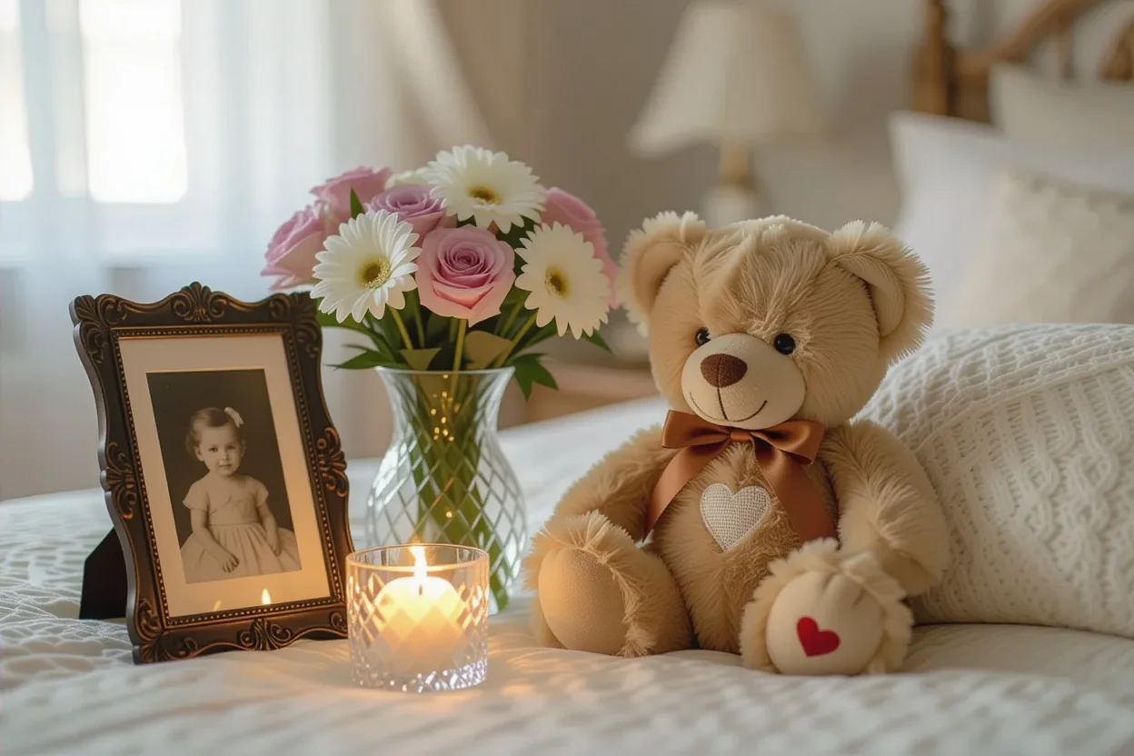 Romantic bedroom nightstand with heirloom teddy bear gift, flowers, and candles in soft morning light