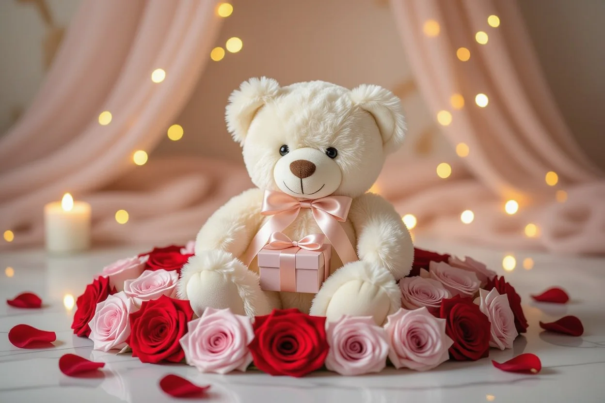 Romantic teddy bear gift with preserved roses and fairy lights for Valentine's Day surprise