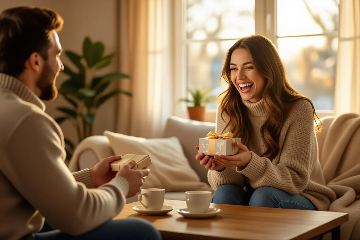 Couple sharing spontaneous romantic gift moment in cozy home setting