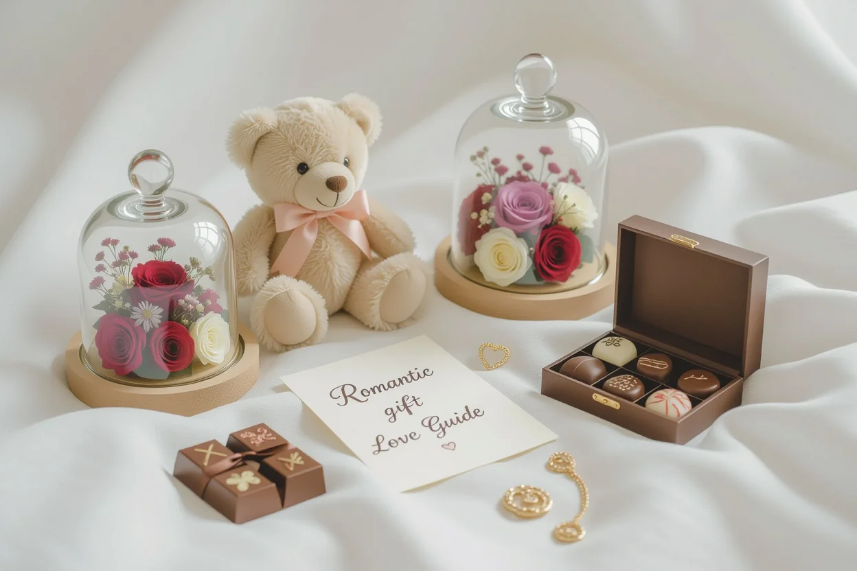 Romantic gift guide flat lay featuring teddy bear, preserved flowers, and luxury gifts for her