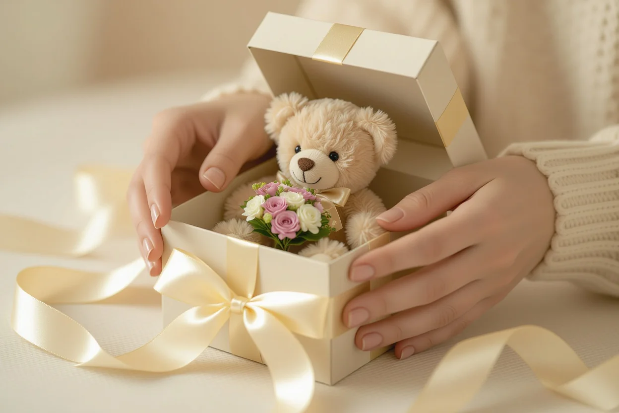 Hands unwrapping romantic surprise gift with miniature teddy bear and preserved flowers