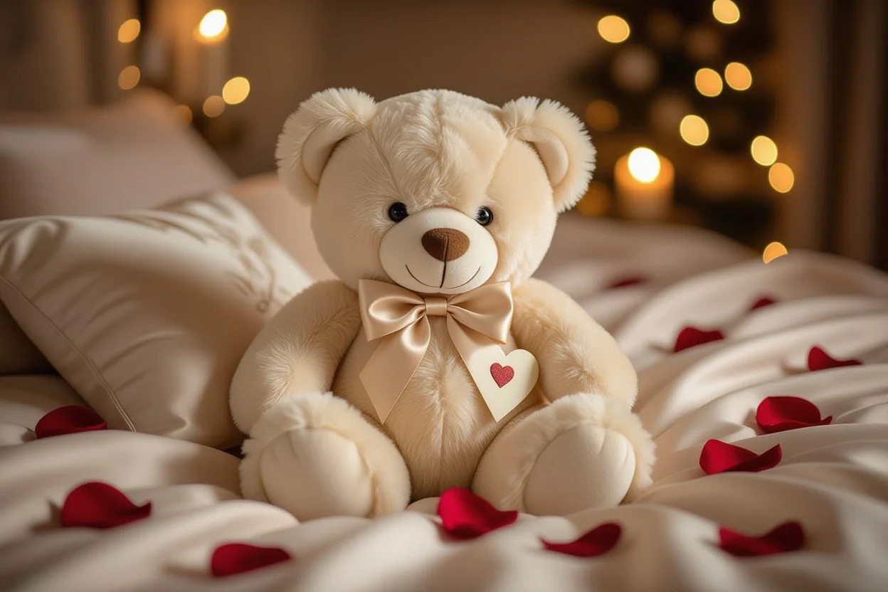 Luxury romantic teddy bear gift with rose petals and heart note for Valentine's Day