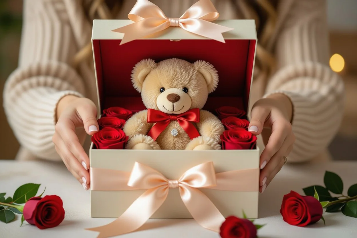 Surprise romantic gift unboxing moment with teddy bear and hidden compartment reveal
