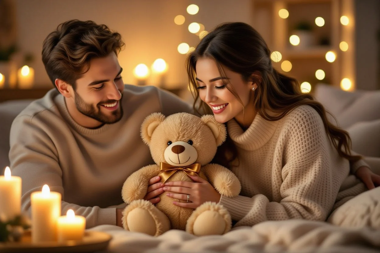 Romantic couple gift-giving moment with teddy bear for anniversary or Valentine's Day