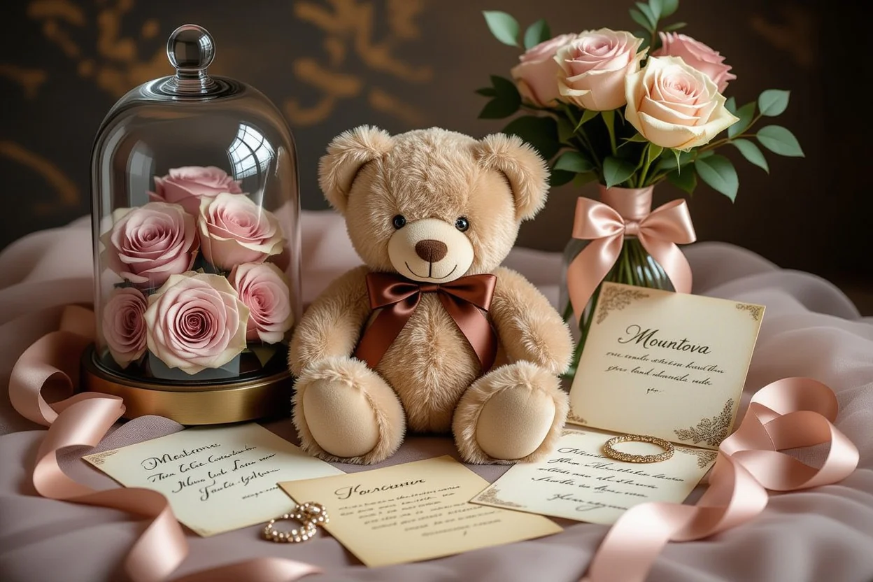 Romantic gift collection flat lay with luxury teddy bear and preserved flowers arrangement