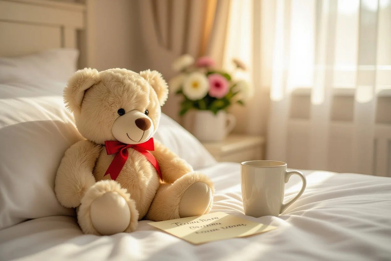 Romantic teddy bear gift with love note on bed - thoughtful anniversary present idea