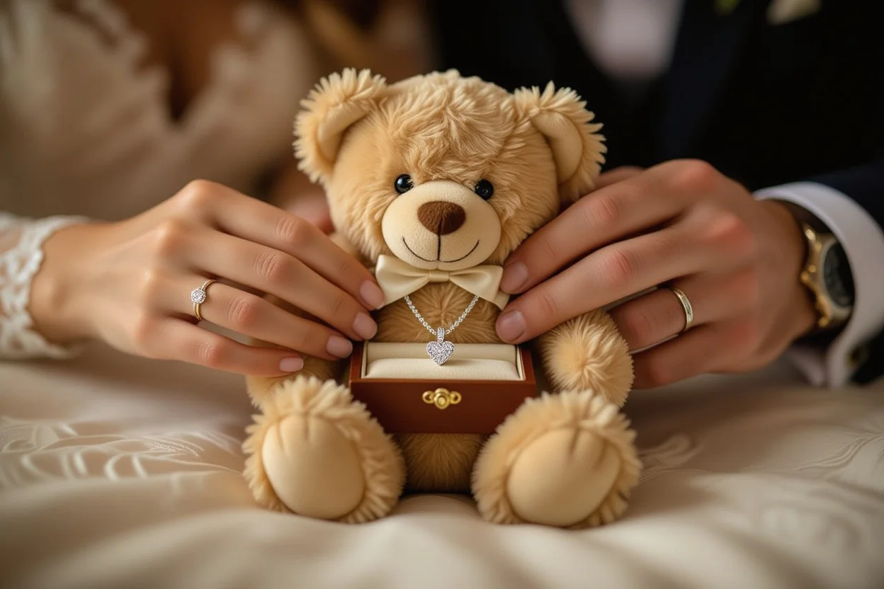 Surprise moment revealing hidden necklace inside teddy bear romantic gift