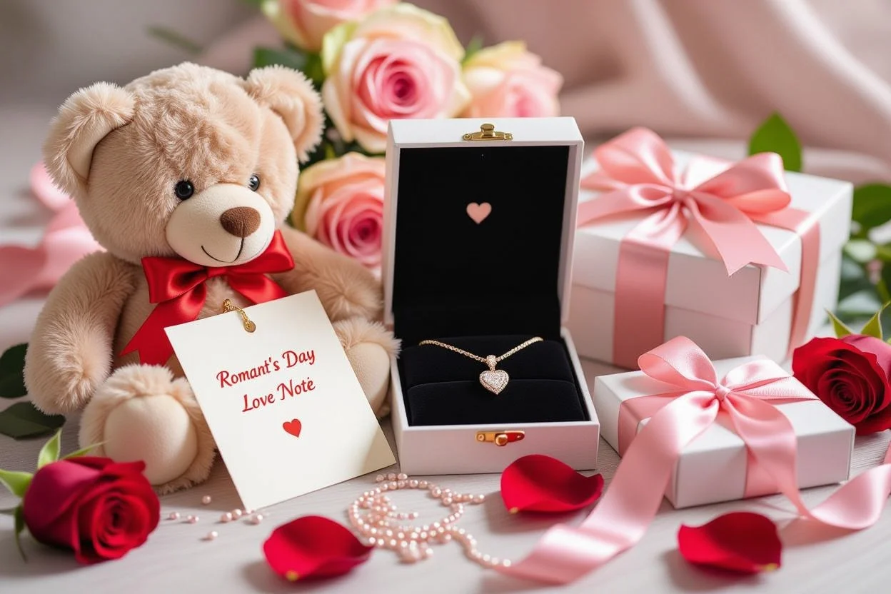 Romantic gift set with teddy bear and hidden necklace for Valentine's Day anniversary