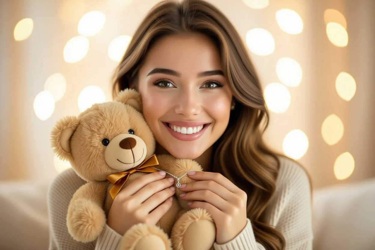 Happy woman receiving teddy bear with hidden necklace surprise romantic gift