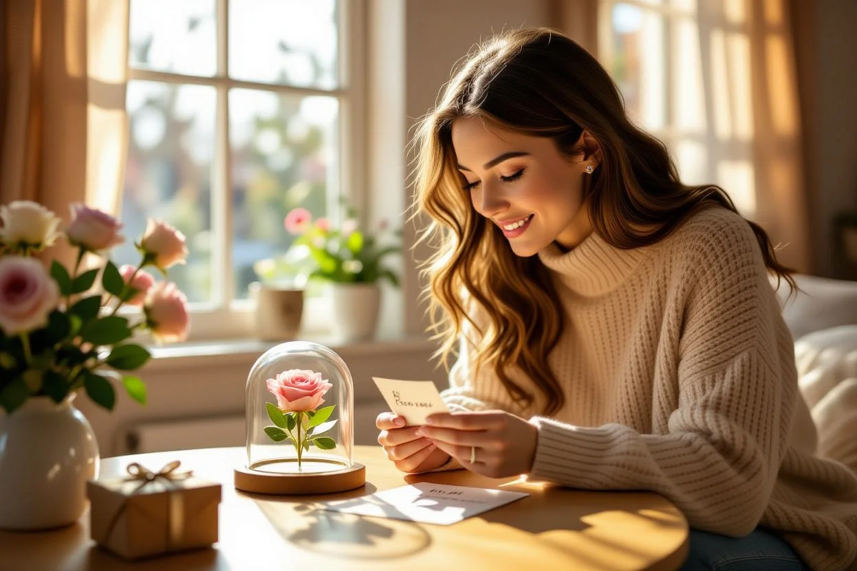 Woman discovering surprise everyday gift on coffee table with preserved rose and handwritten note