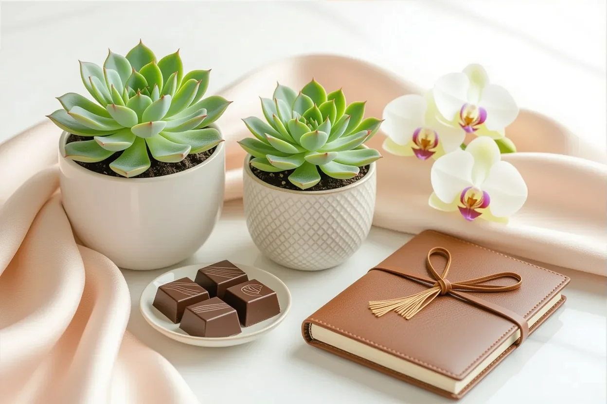 Elegant flat lay of thoughtful romantic gifts including succulent, chocolates, silk scarf and journal