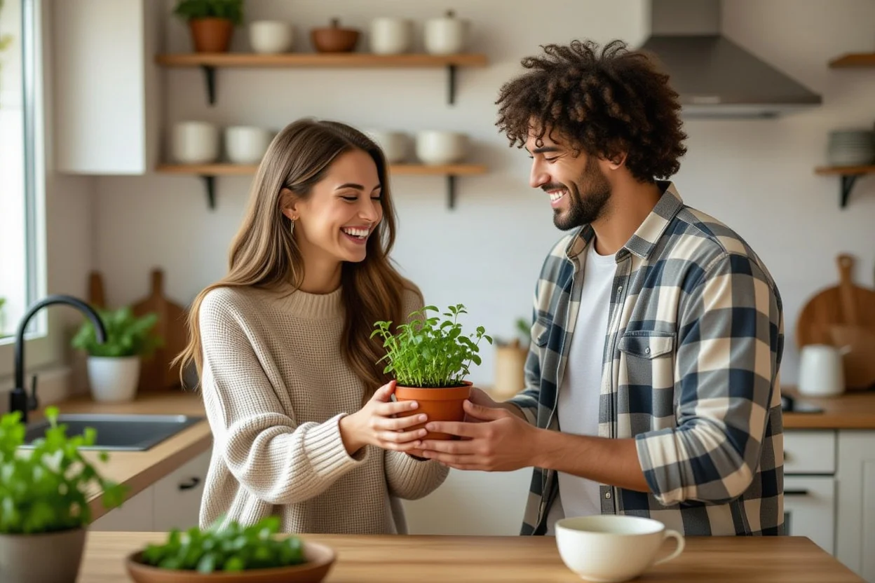 Couple sharing authentic moment in kitchen with thoughtful herb garden gift