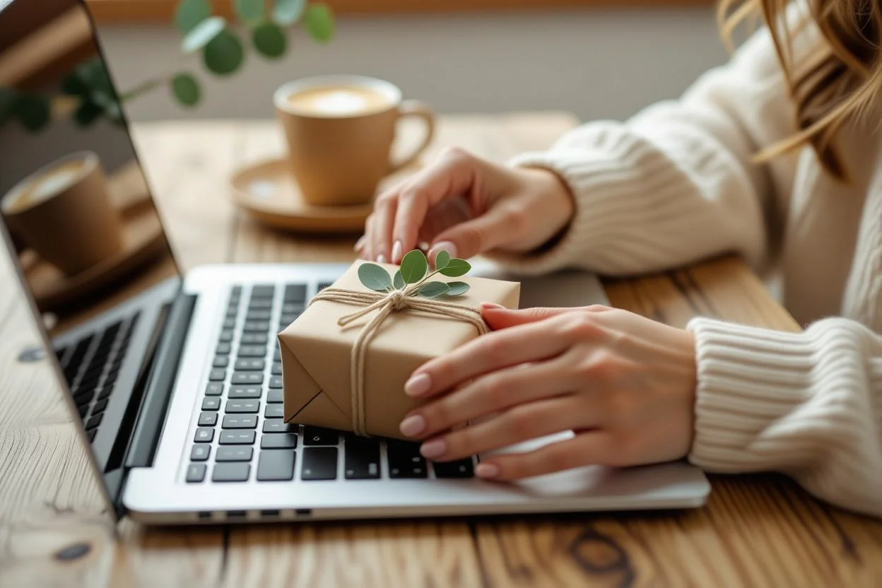 Hands placing small wrapped gift next to laptop showing spontaneous just because gift giving