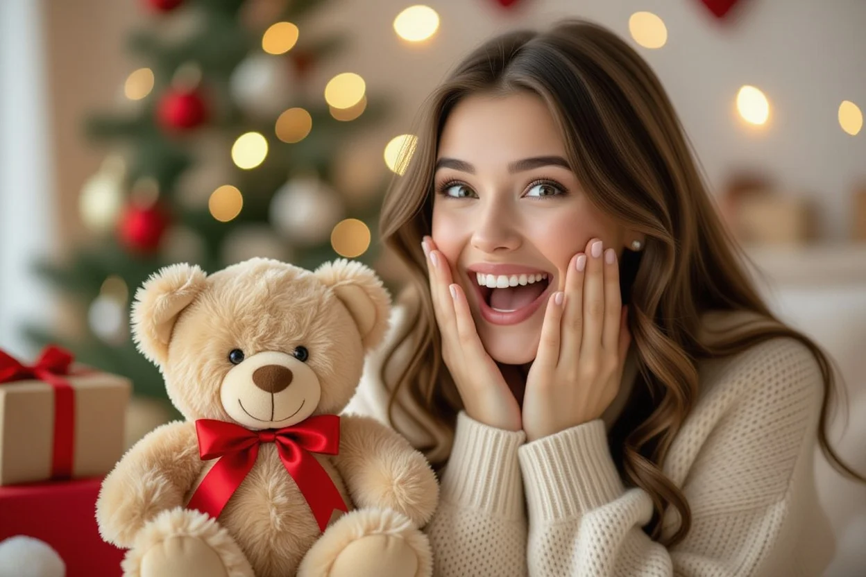 Surprised woman receiving romantic teddy bear Valentine's Day gift with joyful expression