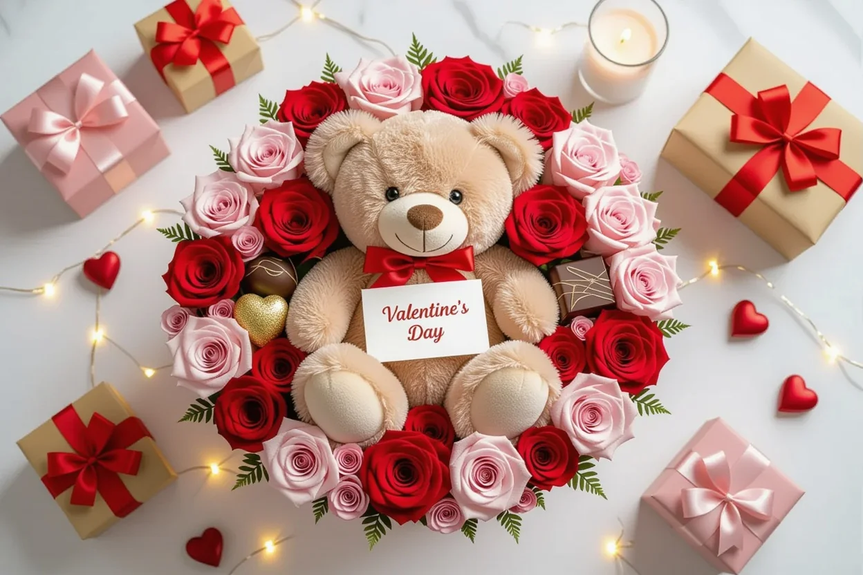 Elegant Valentine's Day romantic gift arrangement with teddy bear and preserved flowers