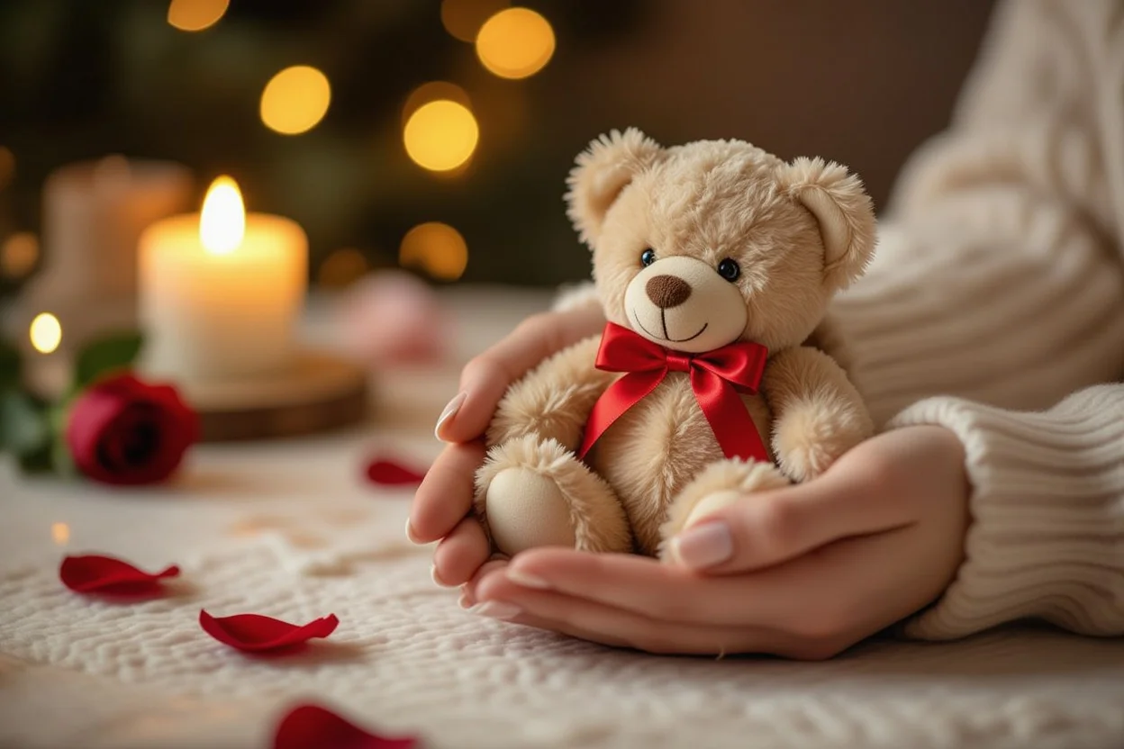 Hands holding cute teddy bear romantic gift with red bow tie Valentine's Day present