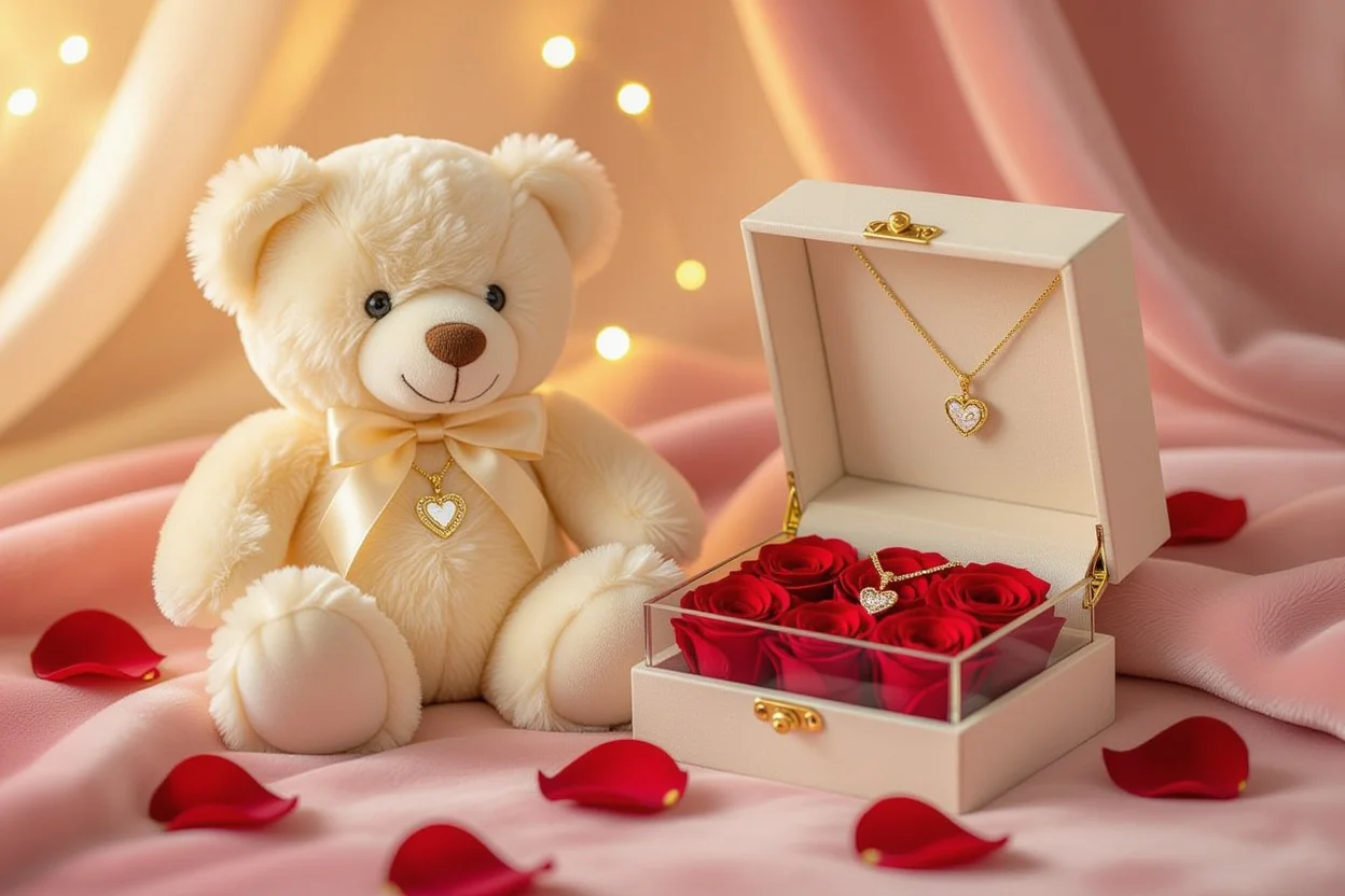 Mountova teddy bear with hidden necklace and preserved flowers romantic surprise gift