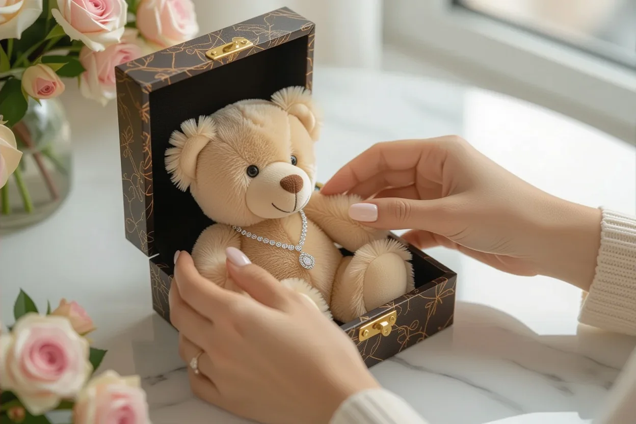 Woman discovering hidden necklace and preserved roses inside romantic teddy bear gift
