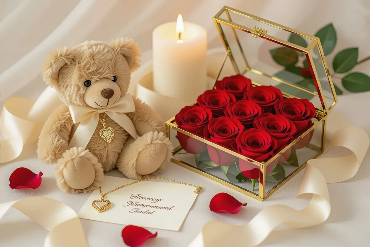 Romantic flat lay of teddy bear gift with hidden necklace and preserved roses arrangement