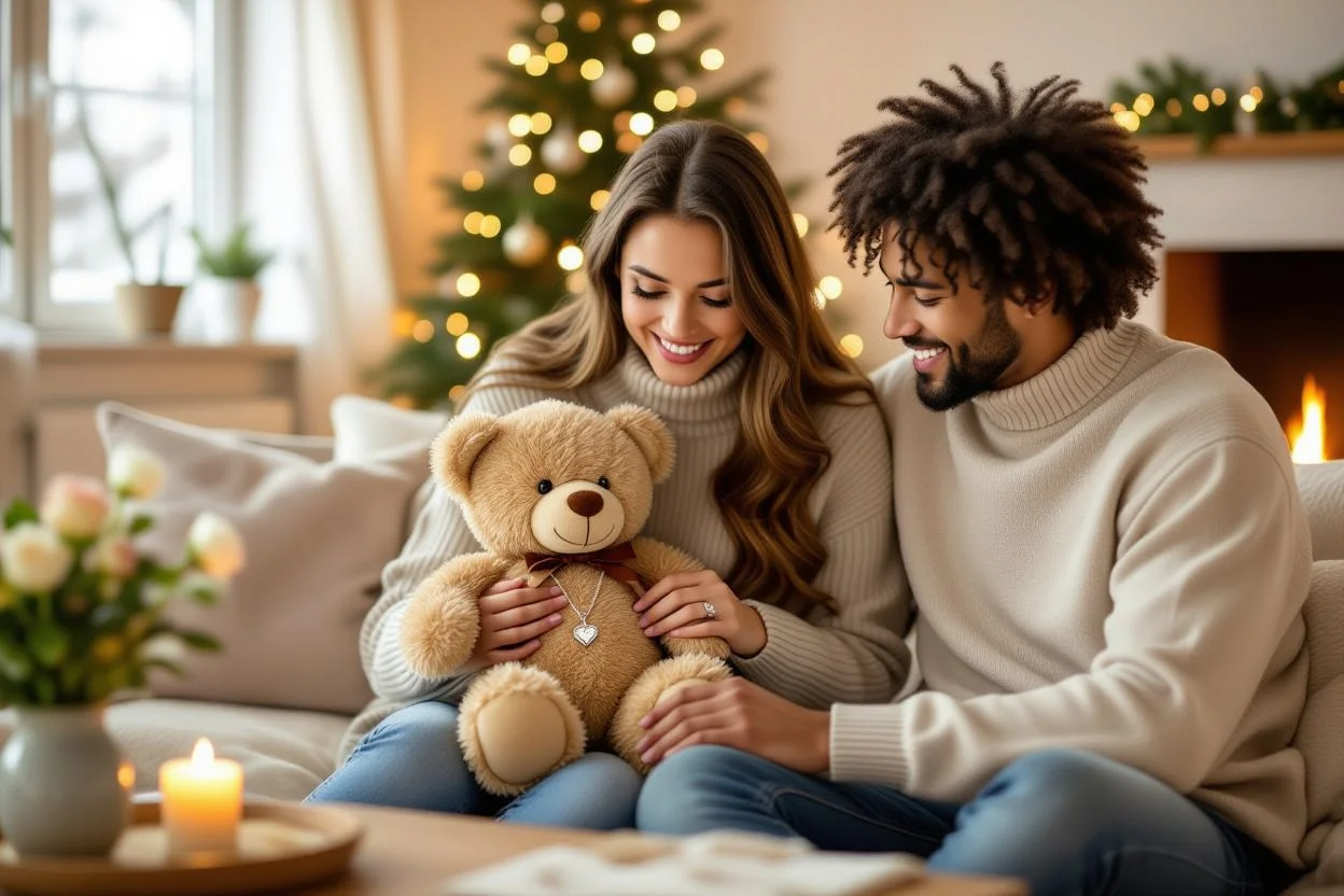 Couple sharing romantic moment discovering hidden surprises in teddy bear gift