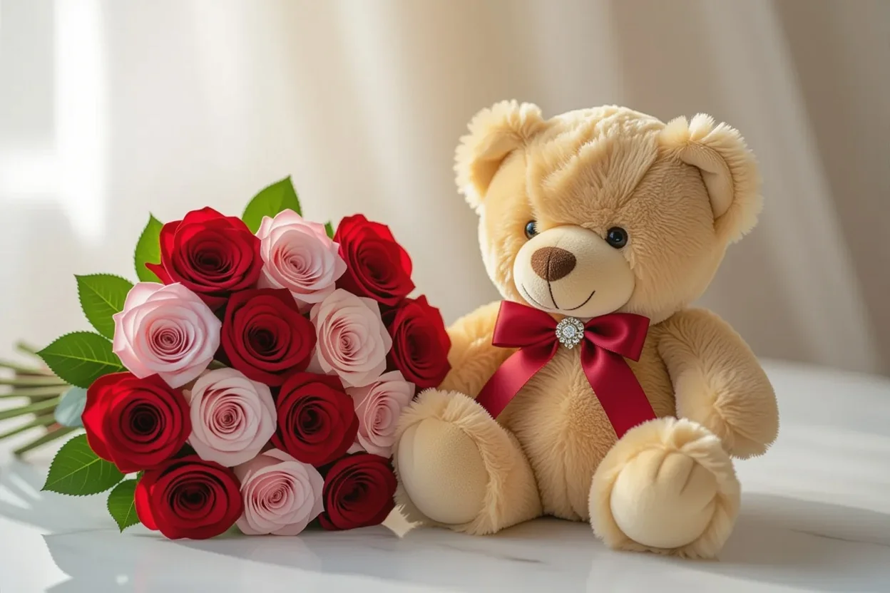 Luxury teddy bear gift with preserved roses bouquet for romantic surprise