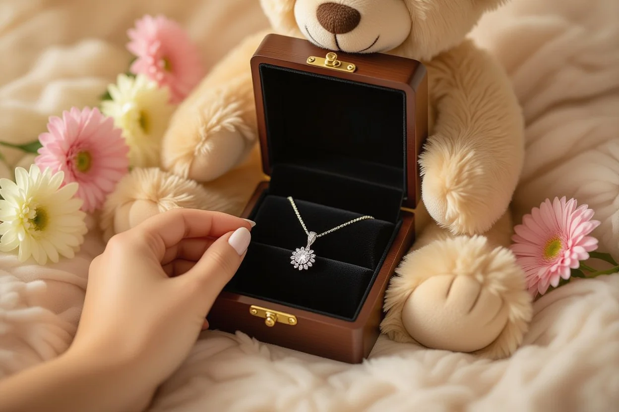 Hidden necklace surprise inside teddy bear gift with preserved flowers