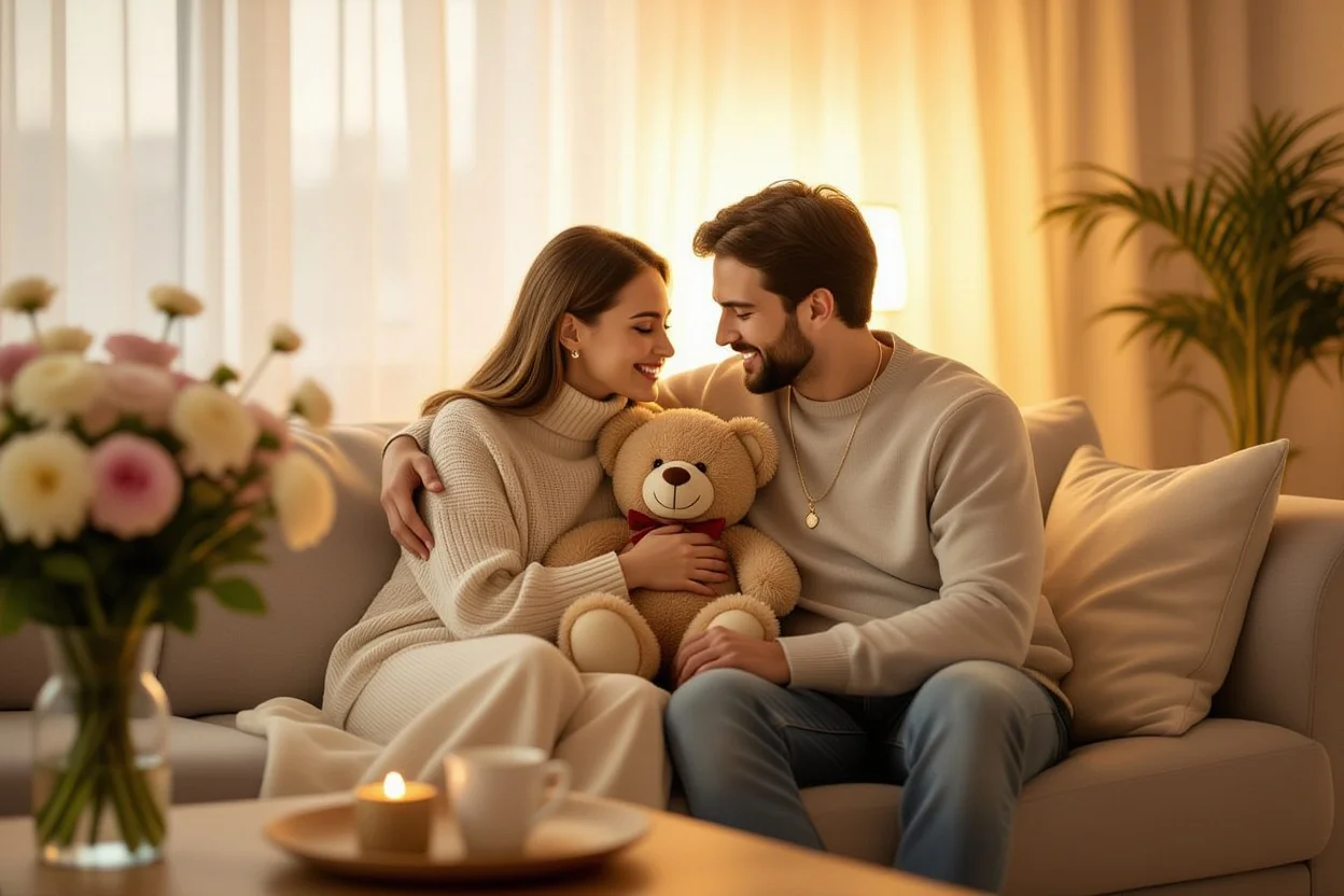 Couple enjoying romantic teddy bear gift moment in cozy home setting