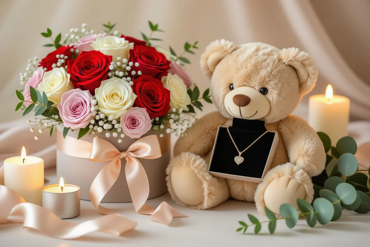 Complete romantic gift set with teddy bear, preserved flowers, and jewelry display