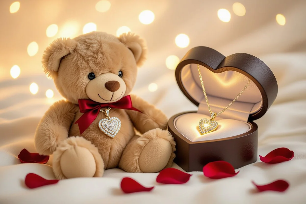 Romantic teddy bear with hidden heart necklace surprise gift for Valentine's Day and apologies